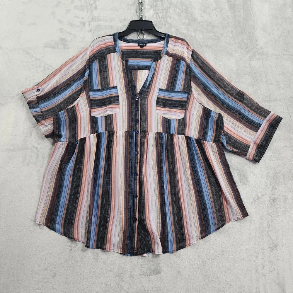Torrid Top Womens 5/5X Multicolor‎ Striped Button Front Tunic 3/4 Sleeve Sheer